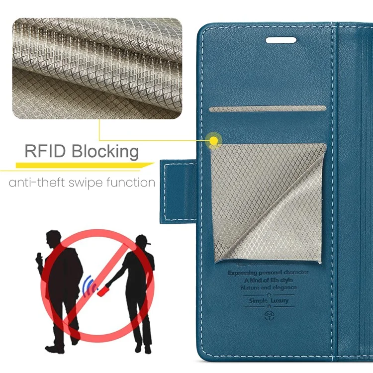 CASEME 023 Série Pour iPhone 13 mini 5.4 pouces Étui en Cuir Blocage RFID Texture Litchi Rabat Support Portefeuille Housse de Téléphone - Bleu