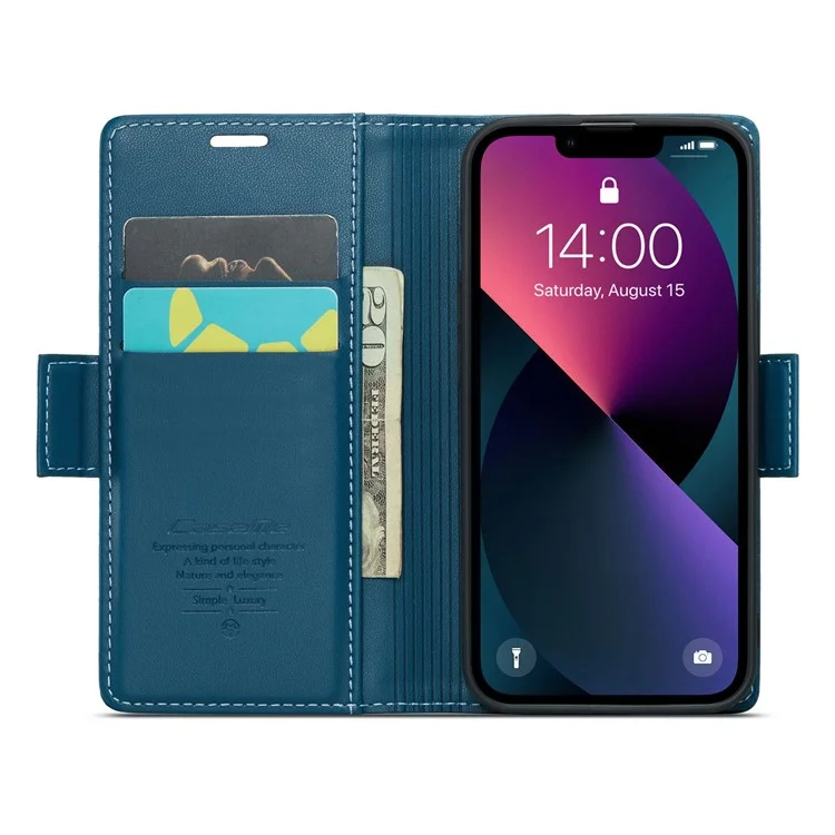 CASEME 023 Série Pour iPhone 13 mini 5.4 pouces Étui en Cuir Blocage RFID Texture Litchi Rabat Support Portefeuille Housse de Téléphone - Bleu