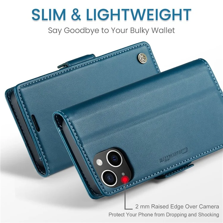CASEME 023 Série Pour iPhone 13 mini 5.4 pouces Étui en Cuir Blocage RFID Texture Litchi Rabat Support Portefeuille Housse de Téléphone - Bleu