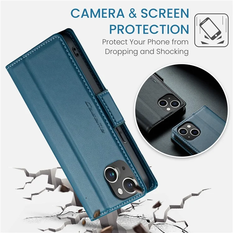 CASEME 023 Série Pour iPhone 13 mini 5.4 pouces Étui en Cuir Blocage RFID Texture Litchi Rabat Support Portefeuille Housse de Téléphone - Bleu