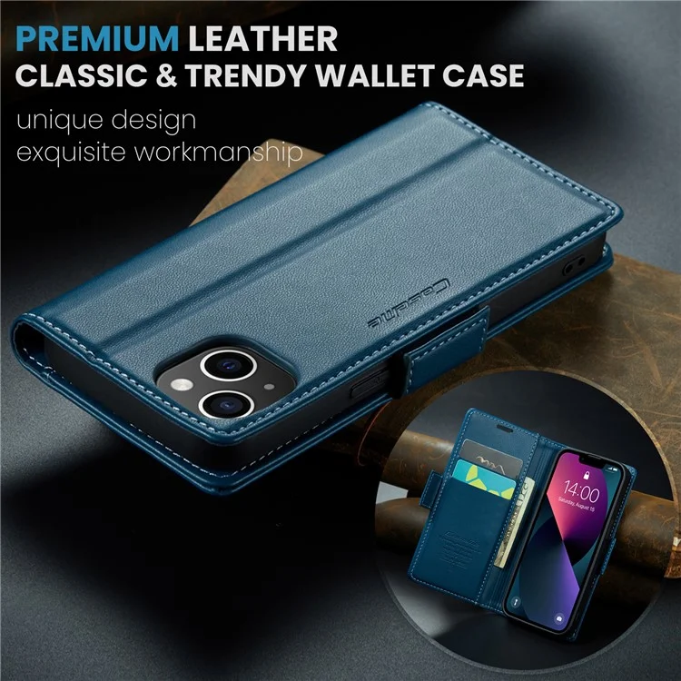CASEME 023 Série Pour iPhone 13 mini 5.4 pouces Étui en Cuir Blocage RFID Texture Litchi Rabat Support Portefeuille Housse de Téléphone - Bleu
