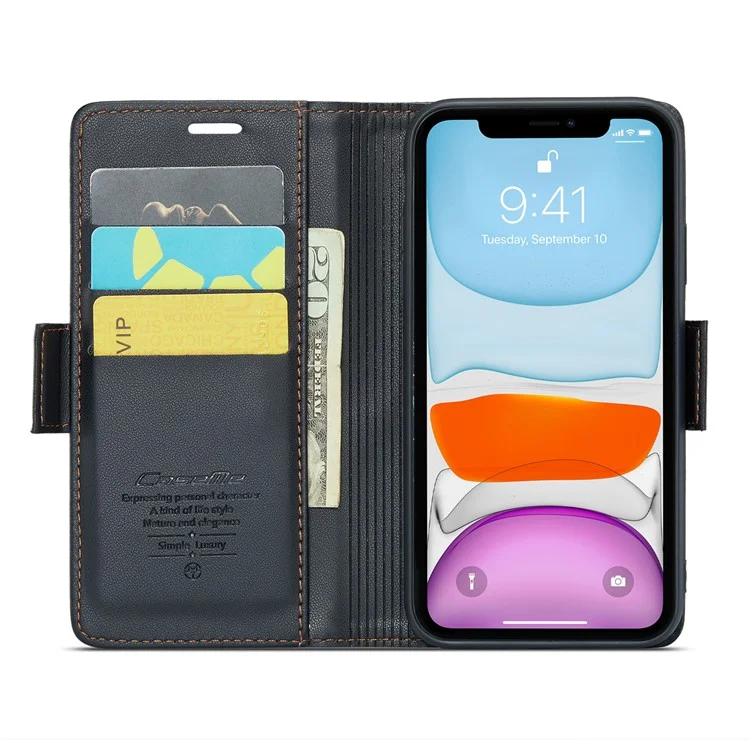 For iPhone 11 Leather Case CASEME 023 RFID Blocking 3 Card Slot Mobile Cover - Black