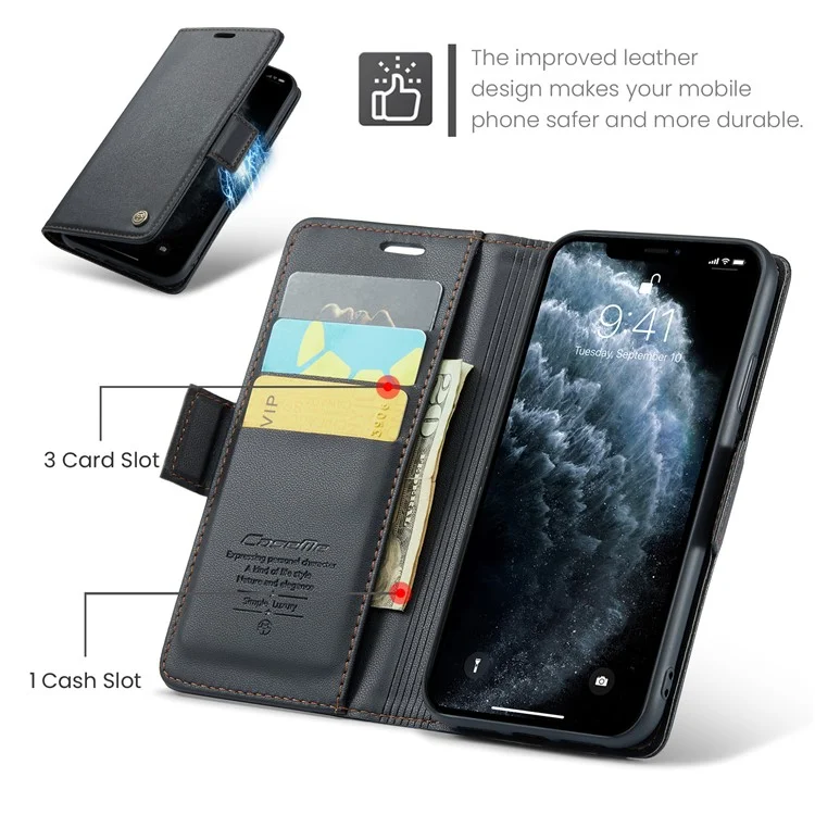 For iPhone 11 Pro Max Leather Case CASEME 023 RFID Blocking 3 Card Slot Mobile Cover - Black