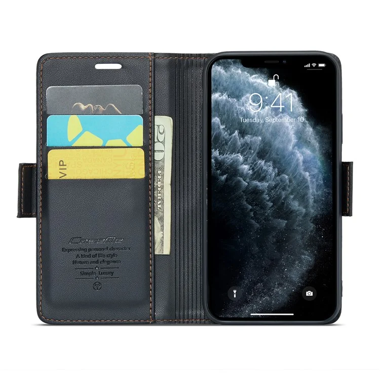 For iPhone 11 Pro Max Leather Case CASEME 023 RFID Blocking 3 Card Slot Mobile Cover - Black