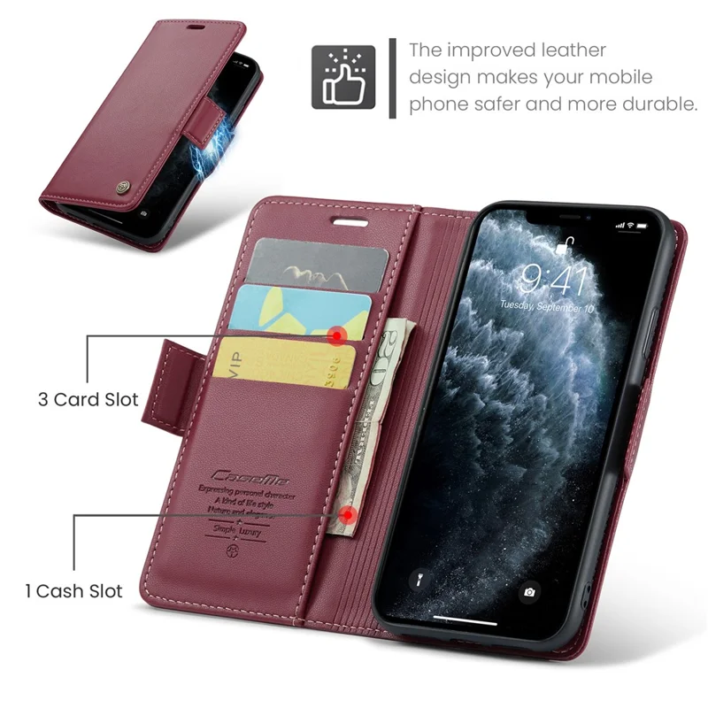 For iPhone 11 Pro Max Leather Case CASEME 023 RFID Blocking 3 Card Slot Mobile Cover - Red