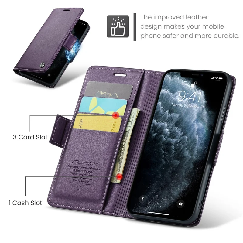 For iPhone 11 Pro Max Leather Case CASEME 023 RFID Blocking 3 Card Slot Mobile Cover - Purple