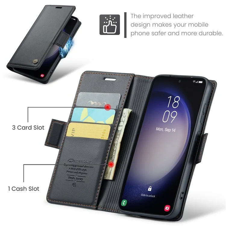 CASEME 023 Serie für Samsung Galaxy S23 schockresistente PU-Leder-Hülle RFID-Blocking Wallet Phone Cover - Schwarz