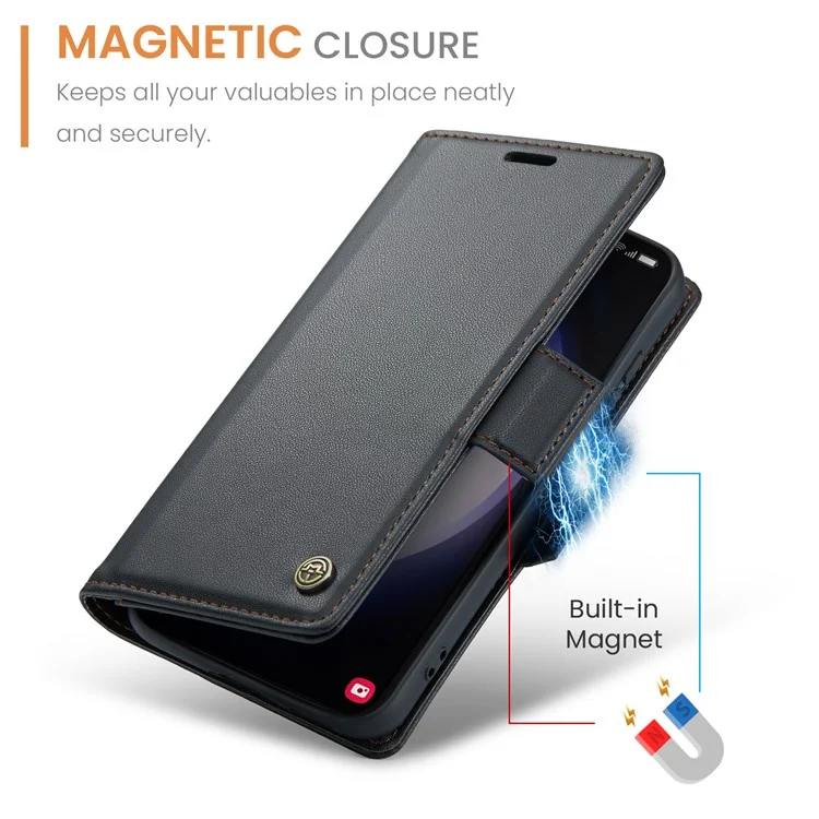 CASEME 023 Serie für Samsung Galaxy S23 schockresistente PU-Leder-Hülle RFID-Blocking Wallet Phone Cover - Schwarz