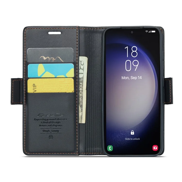 CASEME 023 Serie für Samsung Galaxy S23 schockresistente PU-Leder-Hülle RFID-Blocking Wallet Phone Cover - Schwarz