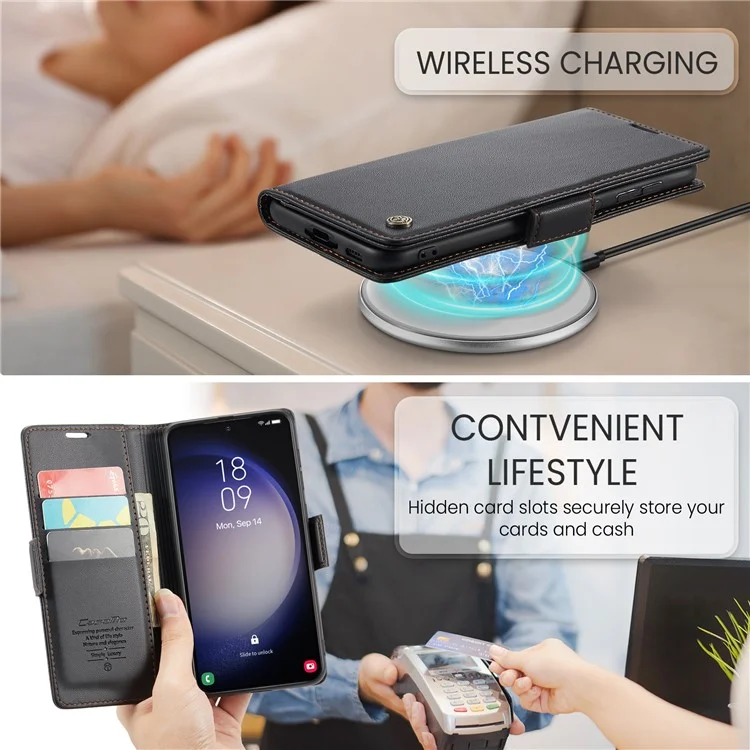 CASEME 023 Serie für Samsung Galaxy S23 schockresistente PU-Leder-Hülle RFID-Blocking Wallet Phone Cover - Schwarz