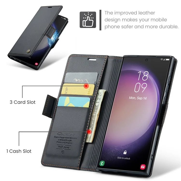 CASEME 023 Serie für Samsung Galaxy S23 Ultra Hülle RFID-Blockierung Litchi-Textur PU-Leder Brieftasche Handyhülle - Schwarz