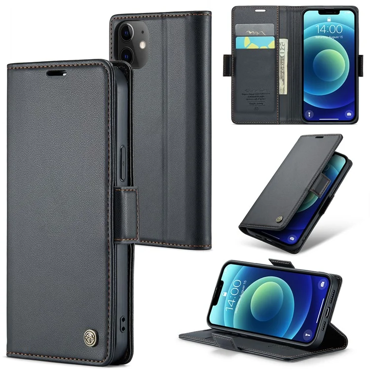 CASEME 023 Series Carteira Case para iPhone 12 mini, Capa de Telefone de Couro Textura de Litchi Bloqueio RFID - Preto 