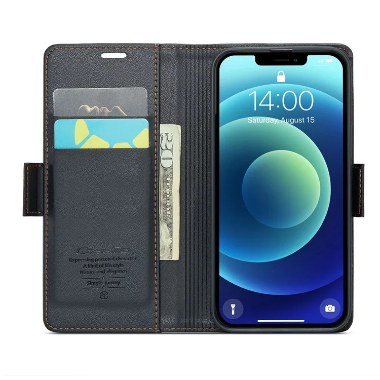 CASEME 023 Series Carteira Case para iPhone 12 mini, Capa de Telefone de Couro Textura de Litchi Bloqueio RFID - Preto 
