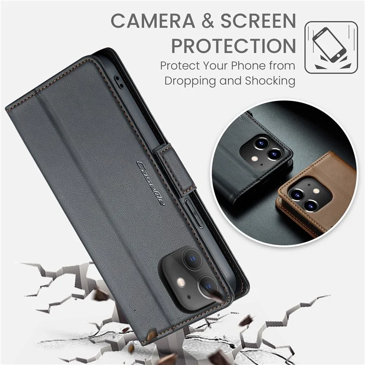 CASEME 023 Series Carteira Case para iPhone 12 mini, Capa de Telefone de Couro Textura de Litchi Bloqueio RFID - Preto 