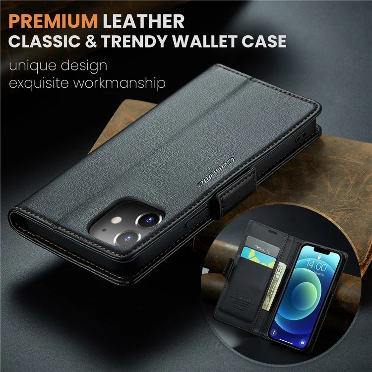 CASEME 023 Series Carteira Case para iPhone 12 mini, Capa de Telefone de Couro Textura de Litchi Bloqueio RFID - Preto 