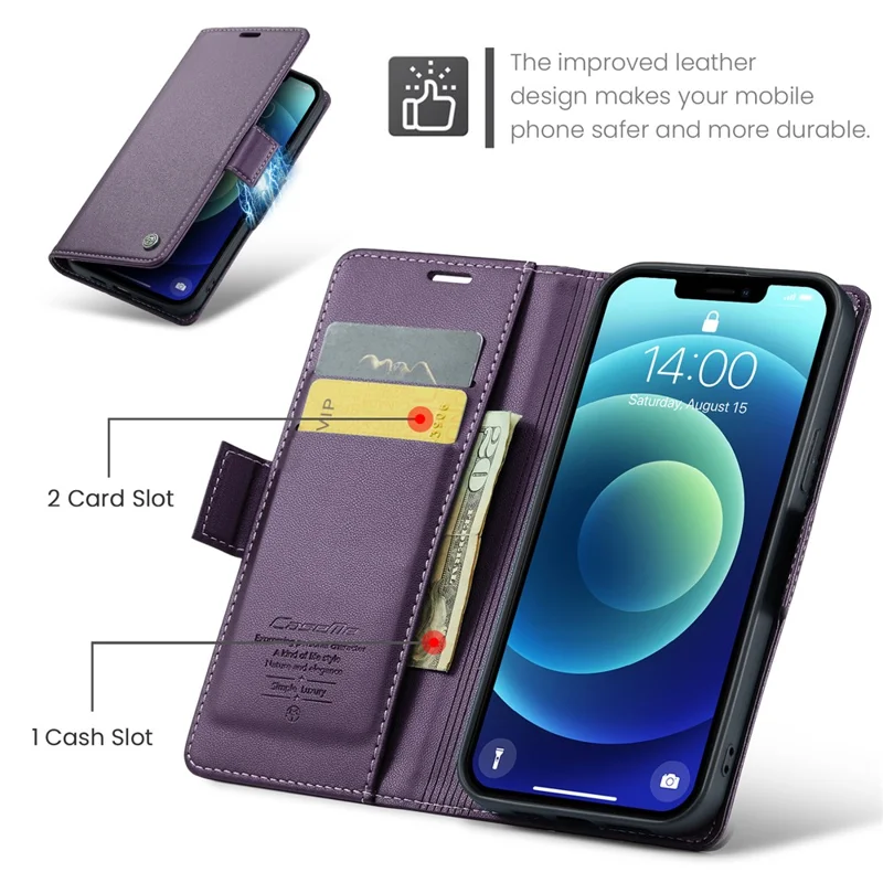 CASEME 023 Series Stand Wallet Case for iPhone 12 mini , RFID Blocking Litchi Texture Leather Phone Cover - Purple