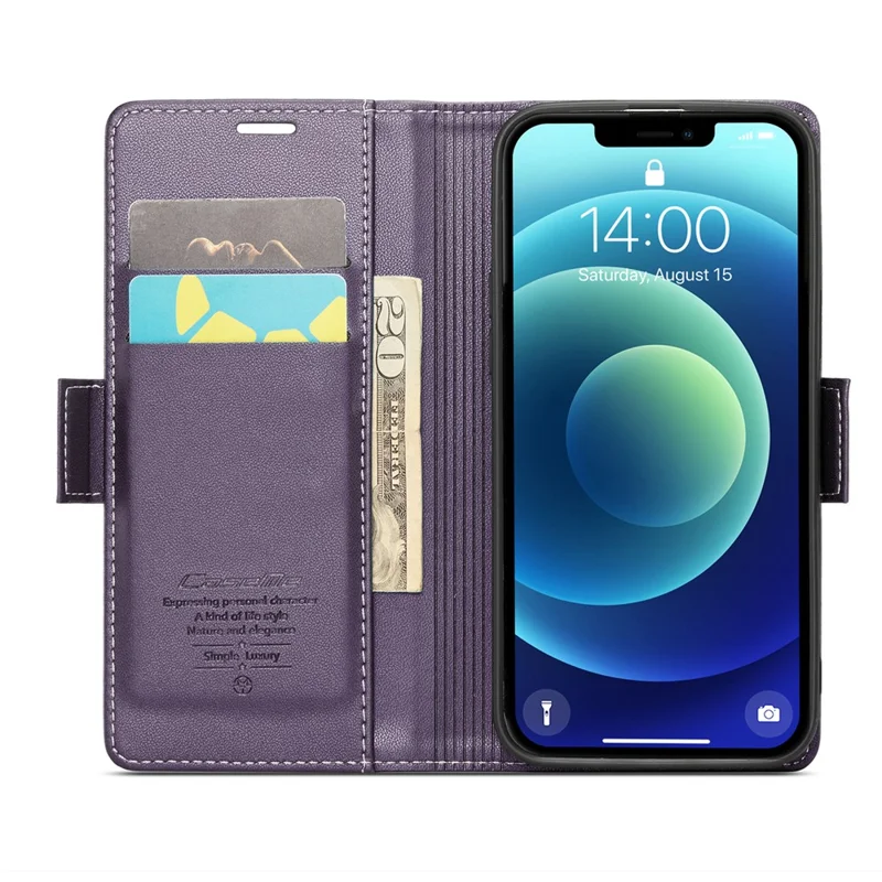 CASEME 023 Series Stand Wallet Case for iPhone 12 mini , RFID Blocking Litchi Texture Leather Phone Cover - Purple