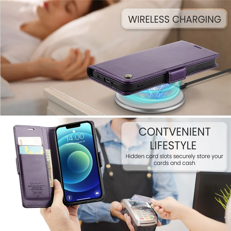 CASEME 023 Series Stand Wallet Case for iPhone 12 mini , RFID Blocking Litchi Texture Leather Phone Cover - Purple