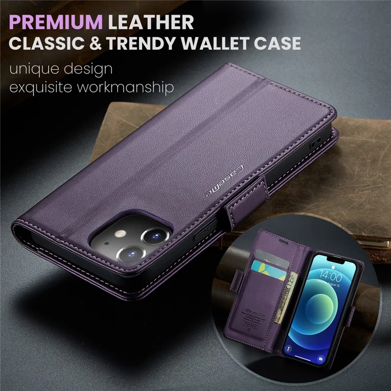 CASEME 023 Series Stand Wallet Case for iPhone 12 mini , RFID Blocking Litchi Texture Leather Phone Cover - Purple