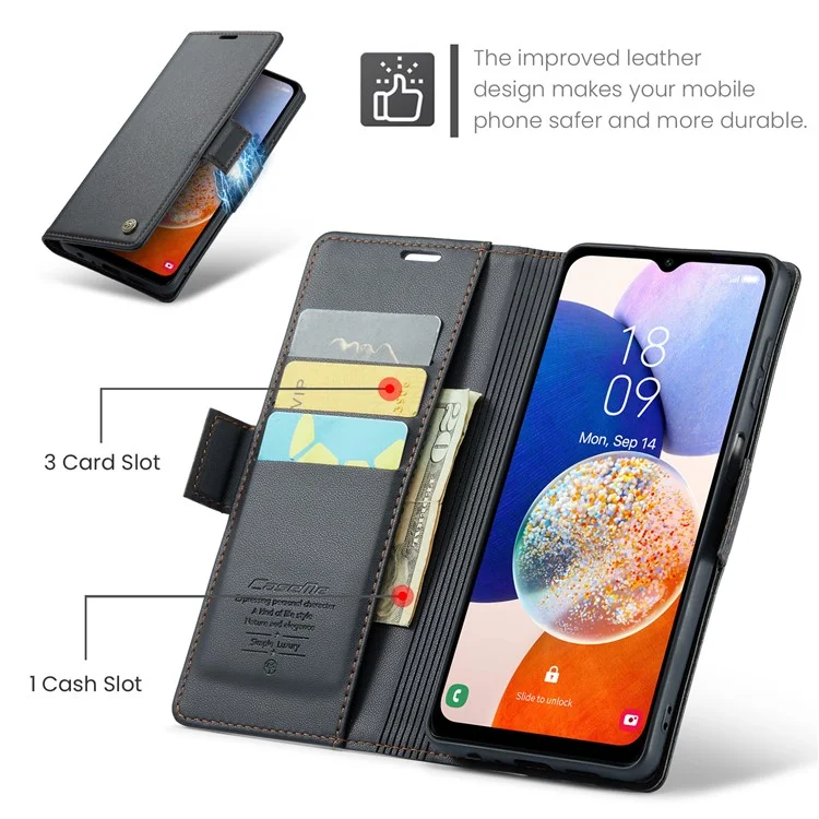 CASEME Funda de Teléfono de Cuero Serie 023 para Samsung Galaxy A14 5G / 4G, Tapa de Billetera con Bloqueo RFID de Textura de Litchi - Negro