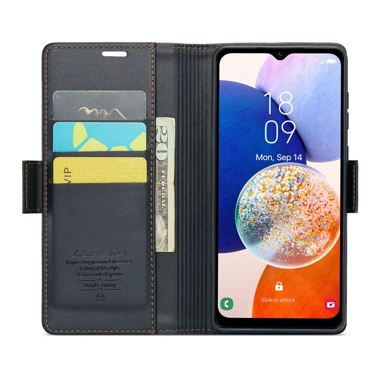 CASEME Funda de Teléfono de Cuero Serie 023 para Samsung Galaxy A14 5G / 4G, Tapa de Billetera con Bloqueo RFID de Textura de Litchi - Negro