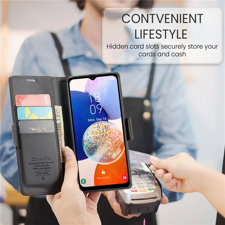 CASEME Funda de Teléfono de Cuero Serie 023 para Samsung Galaxy A14 5G / 4G, Tapa de Billetera con Bloqueo RFID de Textura de Litchi - Negro