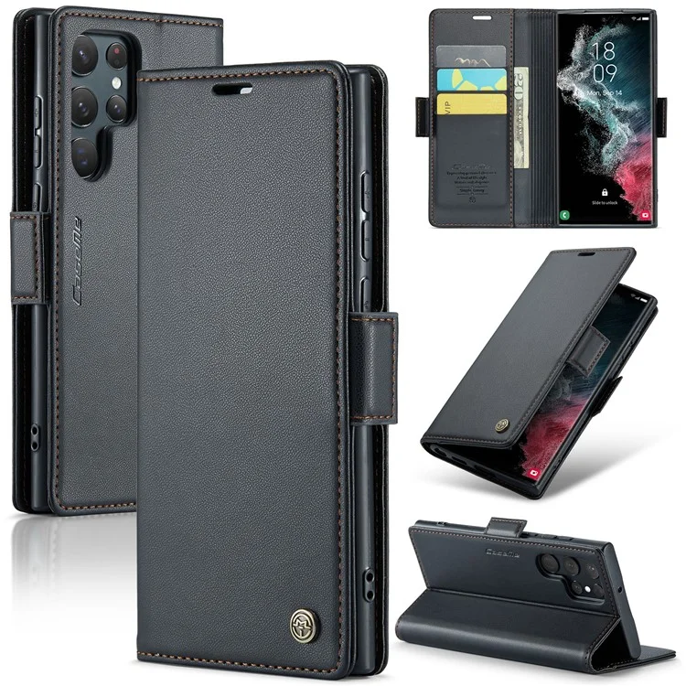 For Samsung Galaxy S22 Ultra 5G Leather Case CASEME 023 RFID Blocking 3 Card Slot Mobile Cover - Black