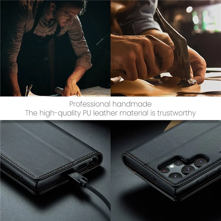 For Samsung Galaxy S22 Ultra 5G Leather Case CASEME 023 RFID Blocking 3 Card Slot Mobile Cover - Black