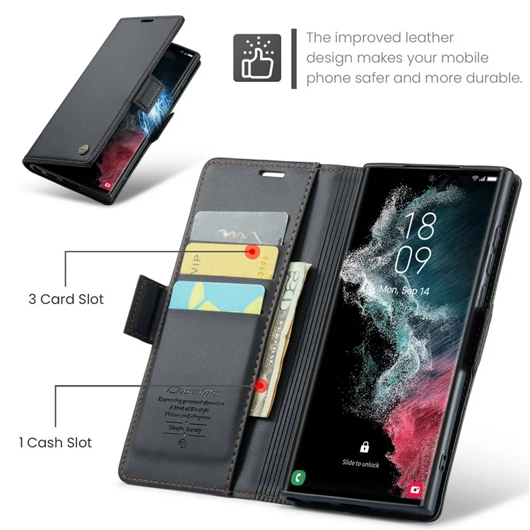 For Samsung Galaxy S22 Ultra 5G Leather Case CASEME 023 RFID Blocking 3 Card Slot Mobile Cover - Black