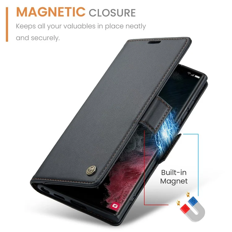 For Samsung Galaxy S22 Ultra 5G Leather Case CASEME 023 RFID Blocking 3 Card Slot Mobile Cover - Black