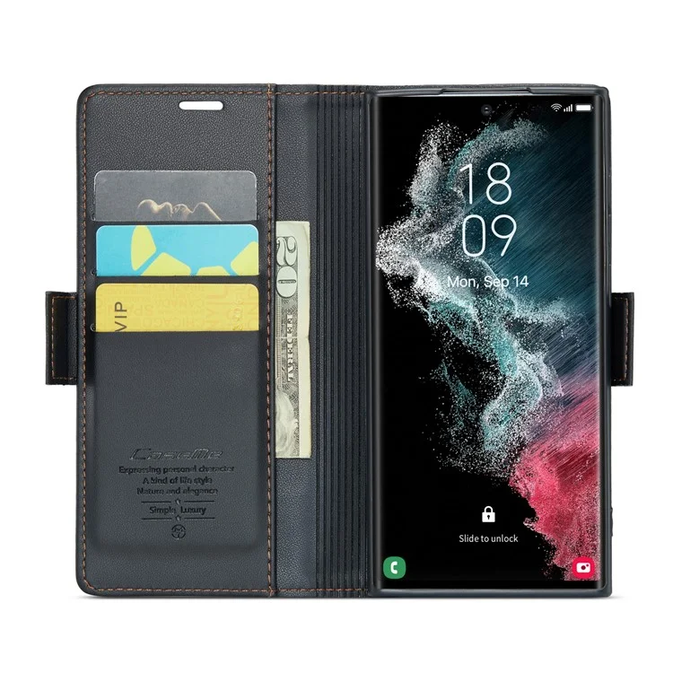 For Samsung Galaxy S22 Ultra 5G Leather Case CASEME 023 RFID Blocking 3 Card Slot Mobile Cover - Black