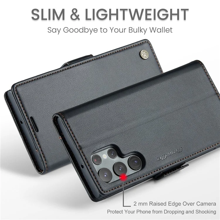 For Samsung Galaxy S22 Ultra 5G Leather Case CASEME 023 RFID Blocking 3 Card Slot Mobile Cover - Black
