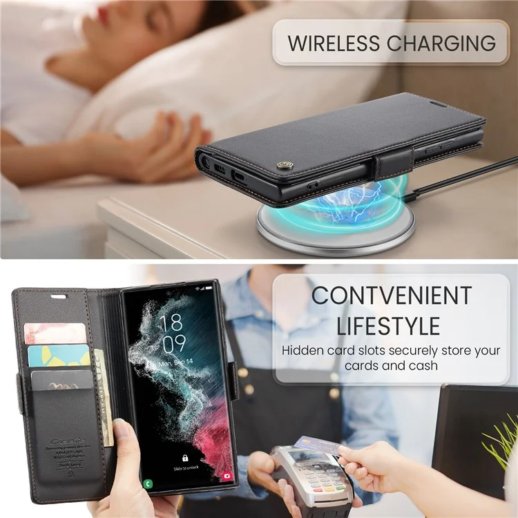 For Samsung Galaxy S22 Ultra 5G Leather Case CASEME 023 RFID Blocking 3 Card Slot Mobile Cover - Black