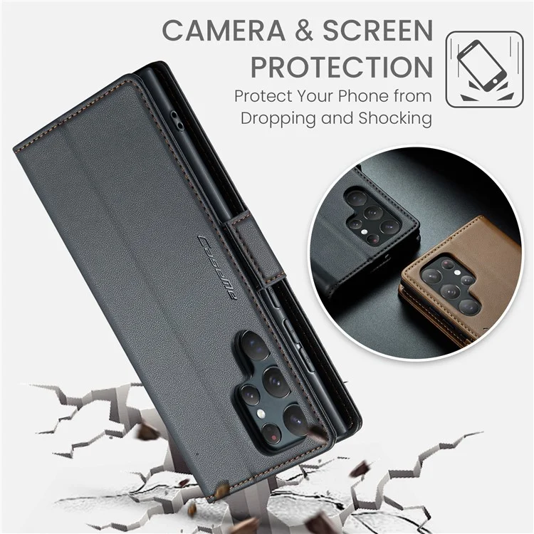 For Samsung Galaxy S22 Ultra 5G Leather Case CASEME 023 RFID Blocking 3 Card Slot Mobile Cover - Black