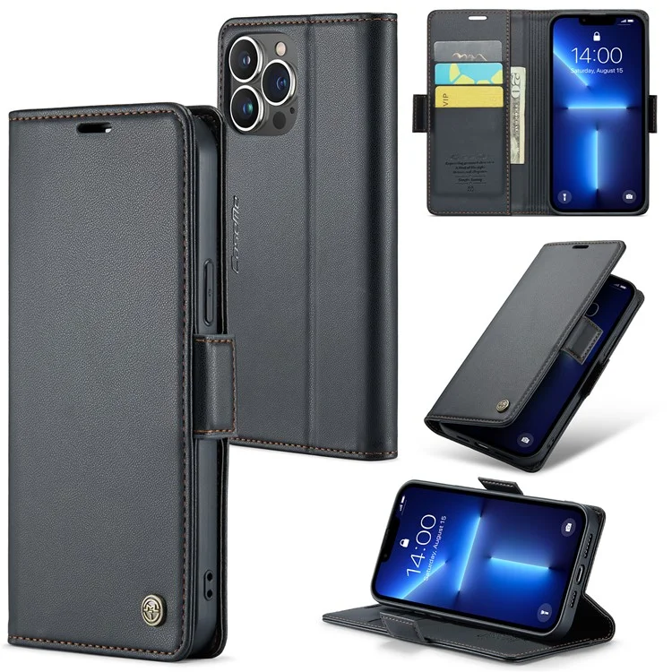 CASEME 023 Serie für iPhone 13 Pro Max 6,7 Zoll RFID-blockierendes Wallet-Case Litchi-Textur-Leder-Standhülle - Schwarz
