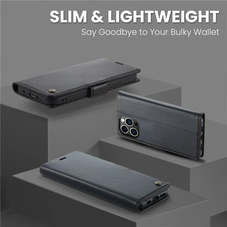 CASEME 023 Serie für iPhone 13 Pro Max 6,7 Zoll RFID-blockierendes Wallet-Case Litchi-Textur-Leder-Standhülle - Schwarz