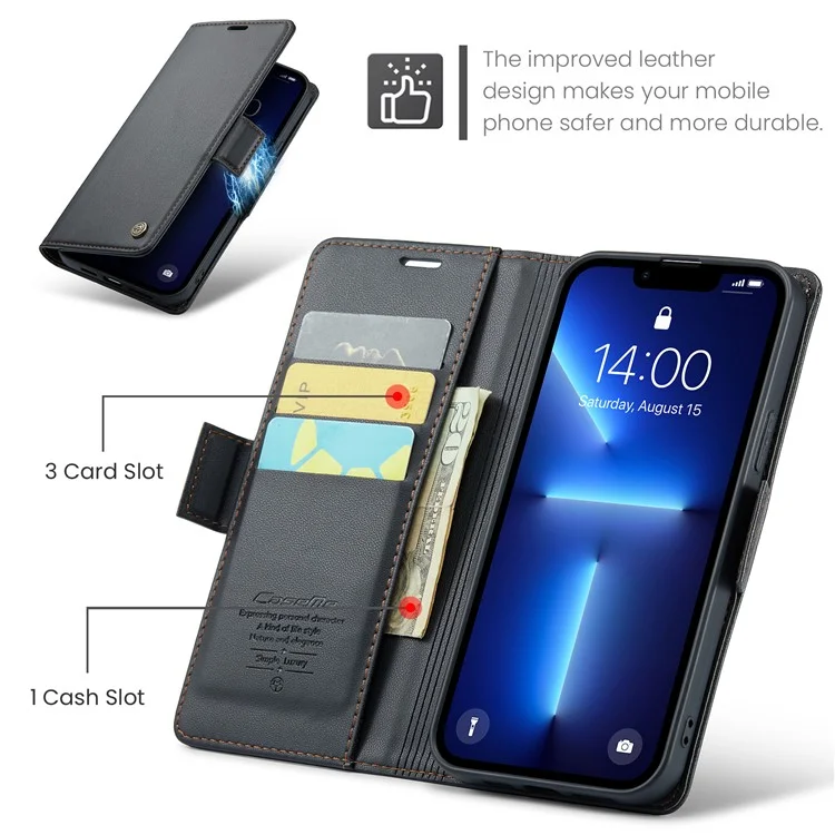 CASEME 023 Serie für iPhone 13 Pro Max 6,7 Zoll RFID-blockierendes Wallet-Case Litchi-Textur-Leder-Standhülle - Schwarz