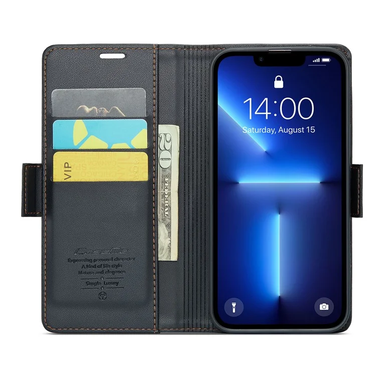 CASEME 023 Serie für iPhone 13 Pro Max 6,7 Zoll RFID-blockierendes Wallet-Case Litchi-Textur-Leder-Standhülle - Schwarz