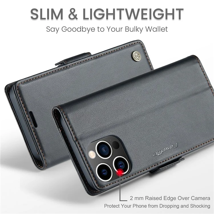 CASEME 023 Serie für iPhone 13 Pro Max 6,7 Zoll RFID-blockierendes Wallet-Case Litchi-Textur-Leder-Standhülle - Schwarz