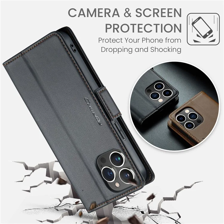 CASEME 023 Serie für iPhone 13 Pro Max 6,7 Zoll RFID-blockierendes Wallet-Case Litchi-Textur-Leder-Standhülle - Schwarz