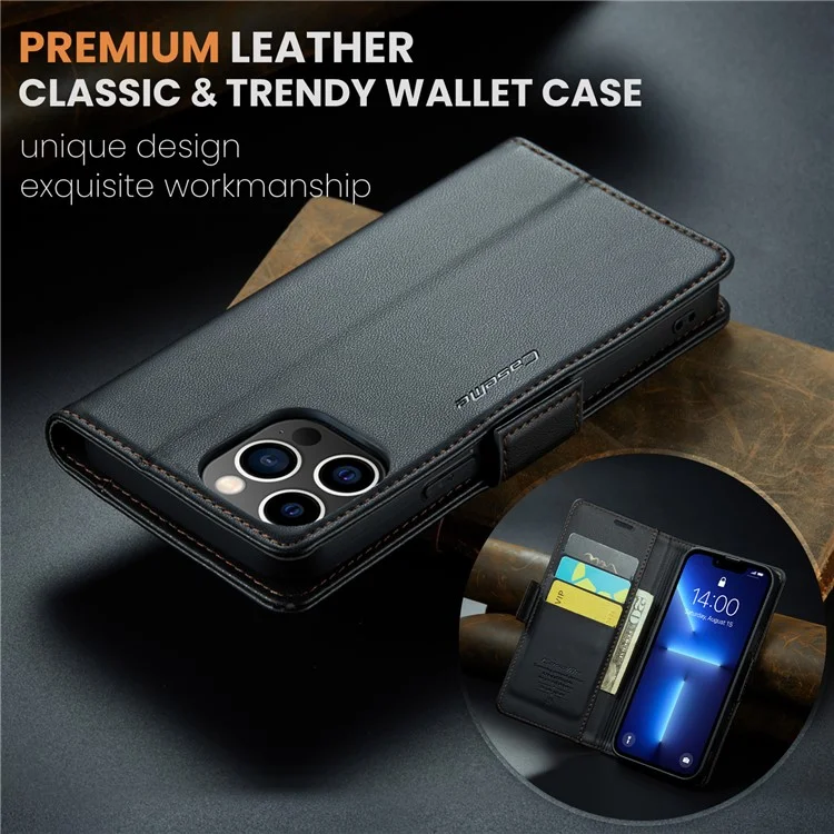 CASEME 023 Serie für iPhone 13 Pro Max 6,7 Zoll RFID-blockierendes Wallet-Case Litchi-Textur-Leder-Standhülle - Schwarz