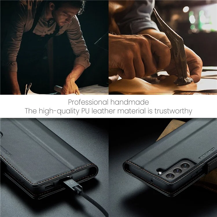 For Samsung Galaxy S22 5G Leather Case CASEME 023 RFID Blocking 3 Card Slot Mobile Cover - Black