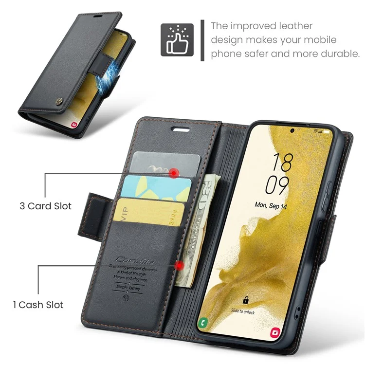 For Samsung Galaxy S22 5G Leather Case CASEME 023 RFID Blocking 3 Card Slot Mobile Cover - Black