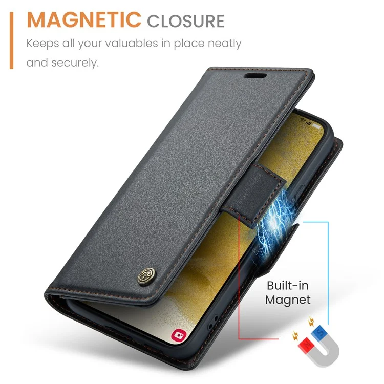 For Samsung Galaxy S22 5G Leather Case CASEME 023 RFID Blocking 3 Card Slot Mobile Cover - Black