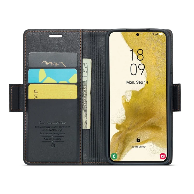 For Samsung Galaxy S22 5G Leather Case CASEME 023 RFID Blocking 3 Card Slot Mobile Cover - Black