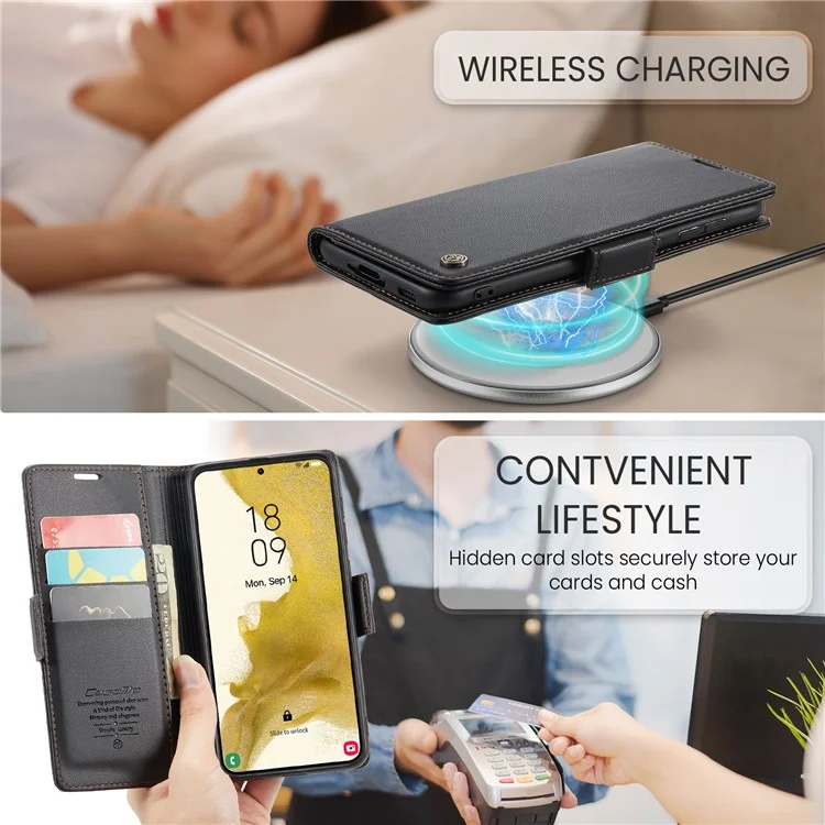For Samsung Galaxy S22 5G Leather Case CASEME 023 RFID Blocking 3 Card Slot Mobile Cover - Black