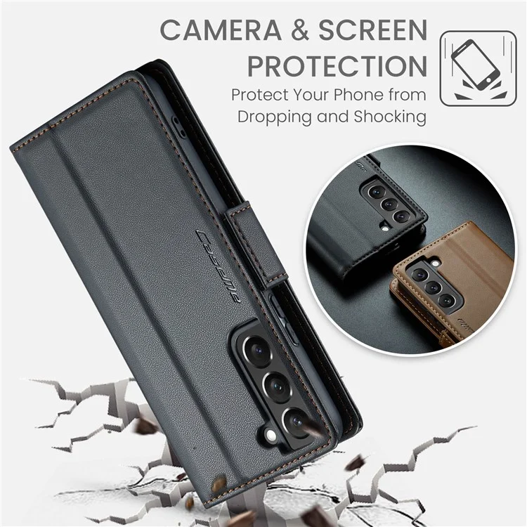 For Samsung Galaxy S22 5G Leather Case CASEME 023 RFID Blocking 3 Card Slot Mobile Cover - Black