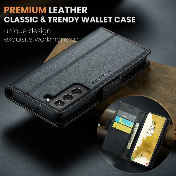 For Samsung Galaxy S22 5G Leather Case CASEME 023 RFID Blocking 3 Card Slot Mobile Cover - Black