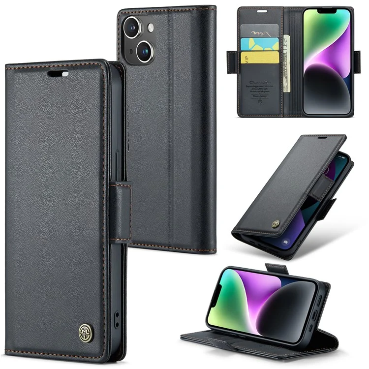 CASEME 023 Serie RFID Blocking Wallet Case per iPhone 14, Custodia in Pelle PU con Supporto per Cellulare - Nero
