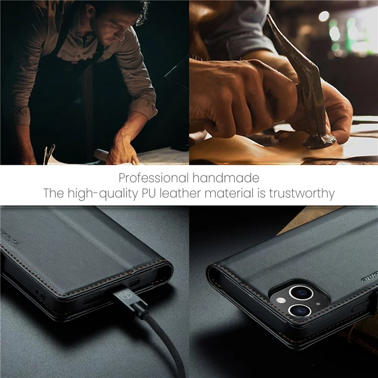 CASEME 023 Serie RFID Blocking Wallet Case per iPhone 14, Custodia in Pelle PU con Supporto per Cellulare - Nero